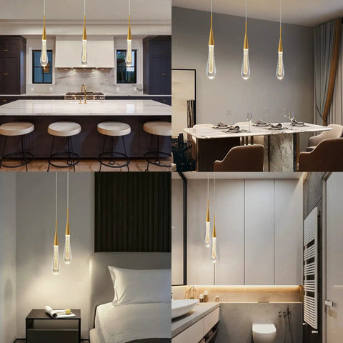 Gold Brushed Brass Teardrop Crystal Pendant Lights 3-Pack in kitchen, dining, bedroom, and hallway settings, dimmable LED ceiling fixtures