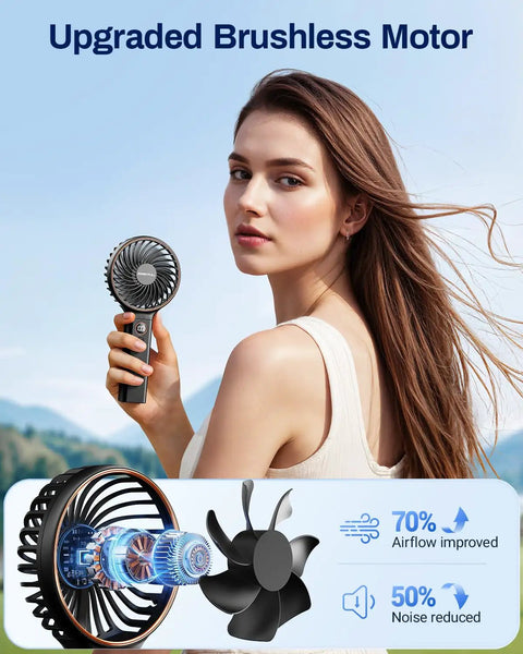 Woman using Must-Have On The Go Personal Portable Fan With 5000mAh Battery, 6 Speeds, Ultra Quiet Sweeping Breeze Under 15dB, LED Display