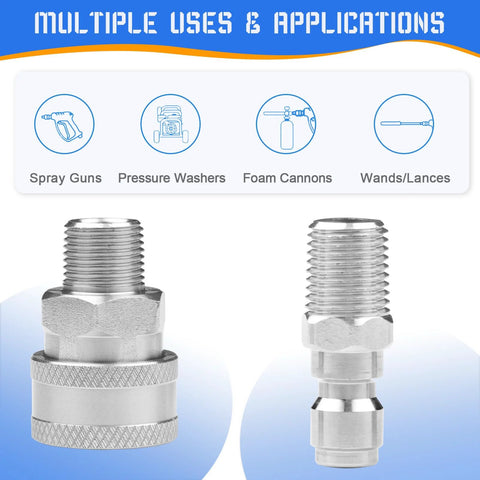 Two stainless steel 3/8 inch pressure washer quick-connect fittings; front and side views showing male threads.