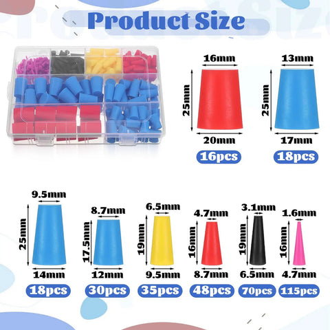 Colorful 350 Piece Silicone Rubber Hole Stopper Kit With Eight Sizes From One Sixteenth To Five Eighths Inch Tapered Plugs Display