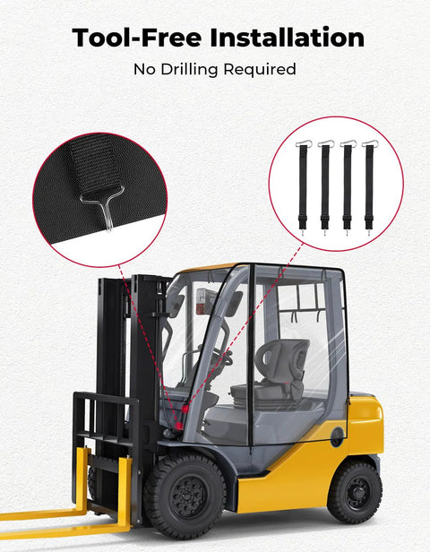 KEMIMOTO forklift cab rain cover installed with rear window; clear 0.5mm PVC, anti-UV, fits forklifts up to 6000 lb