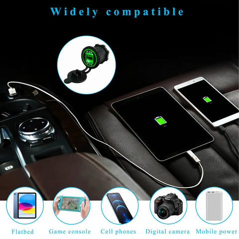 Waterproof Dual Usb Cigarette Lighter Adapter With Lid, 2.1A Fast Charge Dual Port Outlet For 12V 24V Car Boat RV ATV Truck US connected to devices.