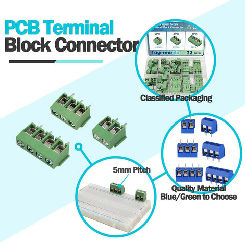Green 72-Piece PCB Mount Screw Terminal Block Connector Kit with 2, 3, 4 Pin Pitch, 5mm, 300V 10A, detailed layout