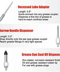 Recessed lube adaptor, narrow needle dispenser, grease gun seal off dispenser from Grease Gun Tip and 9-Piece Quick Connect Coupler Kit with Pouch, Pro Grade Grease Fittings Set, Leak-Free Convenience for Troublesome Zerks, All-In-One Lube Accessory Kit for Home Shop Maintenance.