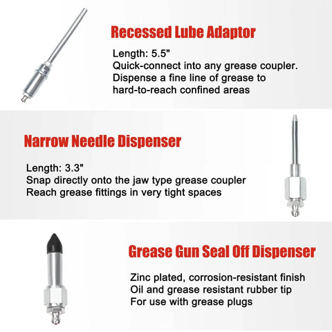 Recessed lube adaptor, narrow needle dispenser, grease gun seal off dispenser from Grease Gun Tip and 9-Piece Quick Connect Coupler Kit with Pouch, Pro Grade Grease Fittings Set, Leak-Free Convenience for Troublesome Zerks, All-In-One Lube Accessory Kit for Home Shop Maintenance.