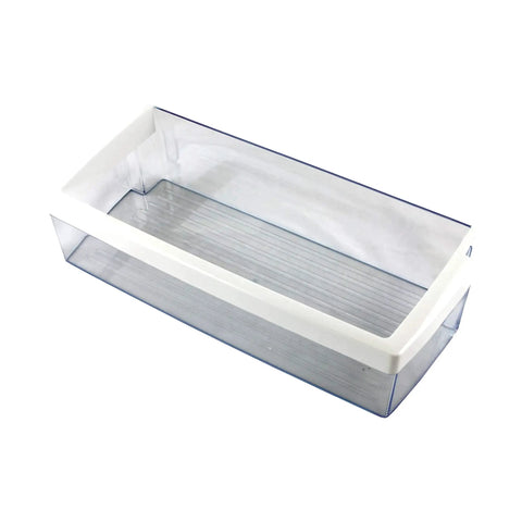 Clear Door Shelf Bin Replacement For Refrigerators Part 00671179, Genuine OEM, rugged plastic bin, white trim, side view