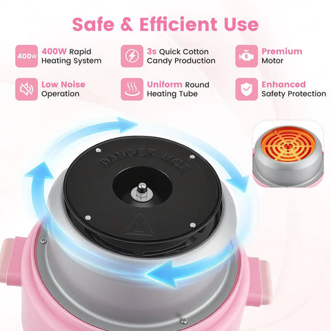 Mini 400W Cotton Candy Maker For Home Use showing safe heating system and spinning motor base with alert text "Danger Hot"