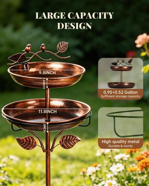 Two In One Metal Bird Bath And Feeder For Outdoor Gardens, Vintage Bronze Free Standing Yard Decor With Dual Bowls