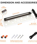 Six Pack 12 Inch 7W Hardscape Paver Light with measurements and accessories, including connectors and cords.