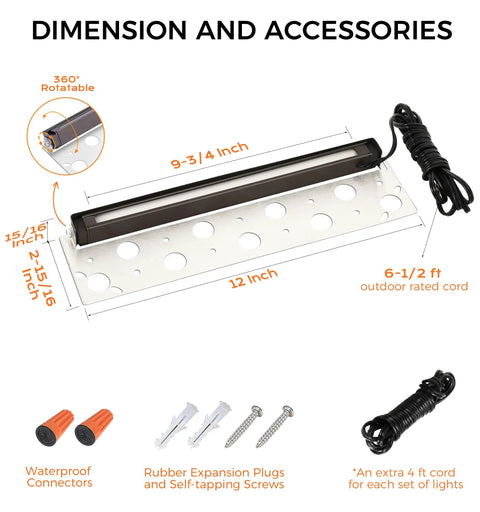 Six Pack 12 Inch 7W Hardscape Paver Light with measurements and accessories, including connectors and cords.
