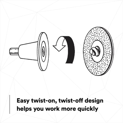 Diagram showing twist-on, twist-off feature of 2 Inch Quick Change Grinding Discs Pack Of 25 With 40 Plus Grit For Coating Removal.