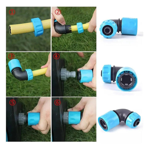5 Pack 1/2 Inch Garden Water Connector Rapid Connection Adapter Quick Connect Faucet Joint Elbow Plastic Pipe Fittings for Hose Repair No Fuss Extension Irrigation and Car Wash ABS Durable Blue blue ABS hose elbow shown in use