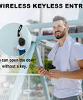 Man using phone for Keyless Garage Door Opener Keypad Replacement For LiftMaster, Chamberlain, And Craftsman with kid using keypad.