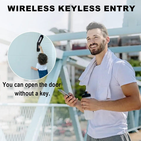 Man using phone for Keyless Garage Door Opener Keypad Replacement For LiftMaster, Chamberlain, And Craftsman with kid using keypad.