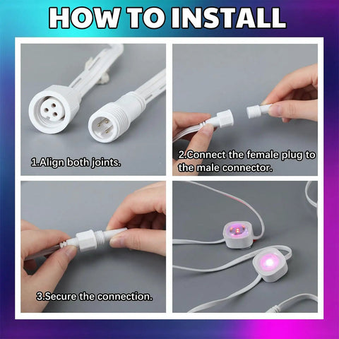 Installation guide for Heavy Duty All Season Extension Cable Set 6 Pack Featuring Three Y Branch Plugs And Three Sixteen Foot White Leads.