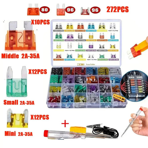 No Brainer All In One Car Fuse Kit 273 Piece Set Two Boxes Blade And Mini Profile Fuses displayed on a table with puller tool