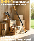 Cordless Pole Saw and Mini Chainsaw Two in One Lightweight Electric Yard Tool With Brushless Motor on wooden crates