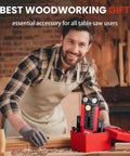Man in workshop using Boss Level Narrow Rip Table Saw Jig With Dual Pulleys For Precise Repetitive Narrow Strip Cuts