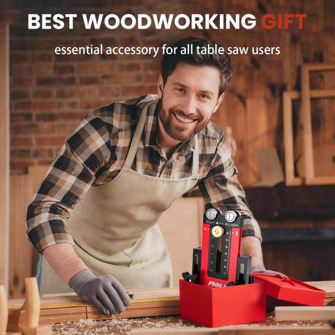 Man in workshop using Boss Level Narrow Rip Table Saw Jig With Dual Pulleys For Precise Repetitive Narrow Strip Cuts