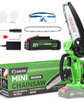 Mini Cordless Chainsaw Six Inch One Hand Portable For Tree Trimming Pruning And Wood Cutting Battery Powered Upgraded Copper Motor | Chainsaw, battery, charger, gloves, and accessories displayed