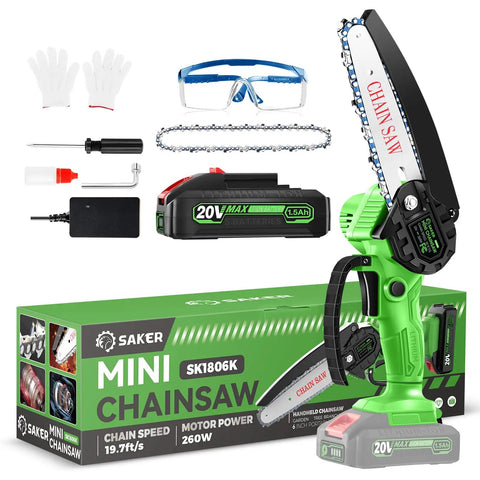 Mini Cordless Chainsaw Six Inch One Hand Portable For Tree Trimming Pruning And Wood Cutting Battery Powered Upgraded Copper Motor | Chainsaw, battery, charger, gloves, and accessories displayed