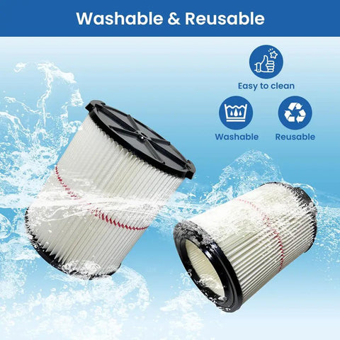 Two Pack 38754 Replacement Filters For Wet Dry Vacuum Cleaners 5 To 20 Gallon in water, showcasing washable features