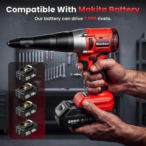 Badass Cordless Electric Rivet Gun Kit With 20 Volt Brushless Motor and compatible Makita battery shown in hand.