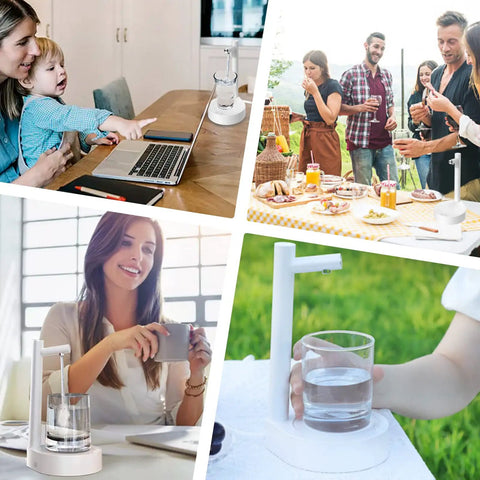 Collage showing Intelligent Desktop Barrel Water Dispenser Pump in use at home, office, and outdoor picnic settings.