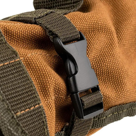 Close-up of quick release buckle on Heavy Duty Tool Roll Bag From Original Series With Quick Release Buckles, Duckwear Canvas, Brown.