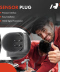 Mechanic with thumbs up next to sensor plug emphasizing precision interface and easy installation