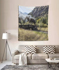 Steam Locomotive Train Wall Tapestry Print hanging in a living room, depicting vintage train scene, lightweight polyester fabric.