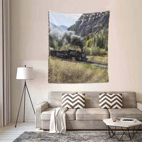 Steam Locomotive Train Wall Tapestry Print hanging in a living room, depicting vintage train scene, lightweight polyester fabric.
