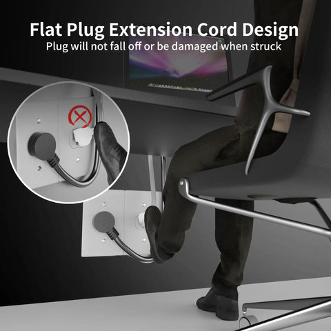 Flat Plug Extension Cord 6 Feet Heavy Duty 14 Gauge 3 Prong Grounded Indoor Outdoor Flexible Low Profile SJTW ETL Listed 15A 125V 1875W Safe Power Cable in use behind furniture under a desk in an office space.