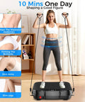 Woman using vibration plate for full-body fat burning and lymphatic drainage with a 200W motor, showcasing fitness benefits.