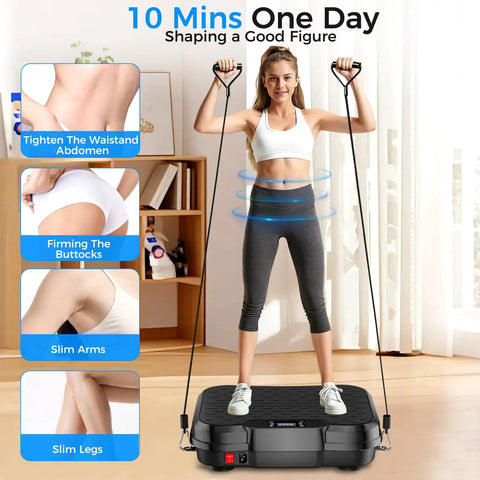 Woman using vibration plate for full-body fat burning and lymphatic drainage with a 200W motor, showcasing fitness benefits.