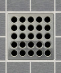 Square Shower Drain Grate In Brushed Nickel Finish Three And Three Quarters Inch Square Includes Grate Puller And Stainless Steel Plate Dope Upgrade For Your Modern Shower on tiled floor