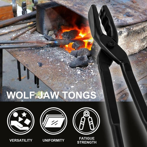 15 Inch Wolf Jaw Blacksmith Tongs For Beginners And Pros with forge background, showing versatility, uniformity, and fatigue strength