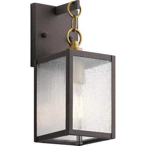 Lahden 16.75 Inch One Light Outdoor Wall Light With Clear Seeded Glass And Weathered Zinc Finish, corner view.