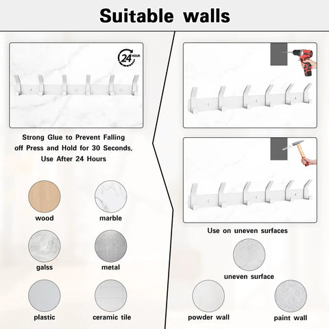 Infographic showing Two Pack Wall Mount Coat Rack With Twelve Hooks suitable for wood, marble, metal, and more surfaces.