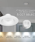 5 Inch And 6 Inch Retrofit LED PIR Motion Sensor Downlight, Super Bright 1300 Lumens, 14W, 5 CCT Color Temperatures, Indoor Outdoor Use, Motion Auto On For 30 Seconds After Detection, High CRI 80, Energy Efficient Lighting, 6-inch ceiling install with 5 CCT select