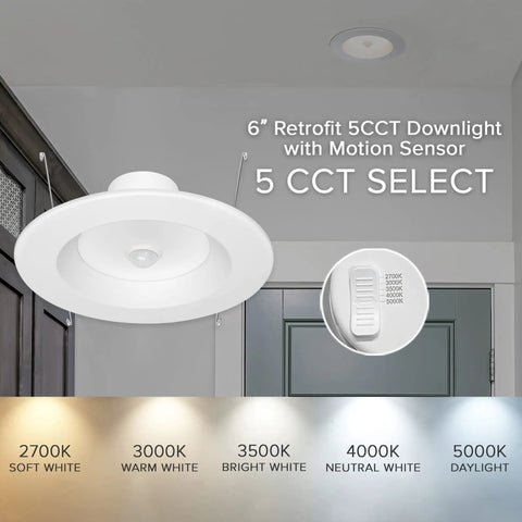5 Inch And 6 Inch Retrofit LED PIR Motion Sensor Downlight, Super Bright 1300 Lumens, 14W, 5 CCT Color Temperatures, Indoor Outdoor Use, Motion Auto On For 30 Seconds After Detection, High CRI 80, Energy Efficient Lighting, 6-inch ceiling install with 5 CCT select