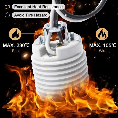 Two Pack E26 Medium Base Ceramic Light Socket With 6 Inch Prewired Lead And White Shade Ring UL Listed Porcelain Lamp Holder heat resistance