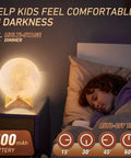 Moon Lamp 4.75 Inch 3D Printed LED Night Light With 16 Colors, glowing softly on bedside table near sleeping child, home decor.