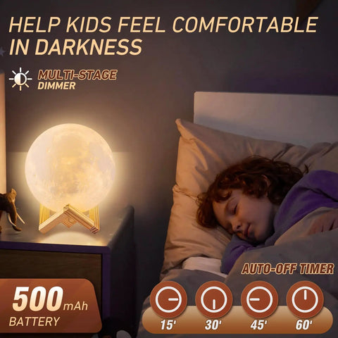 Moon Lamp 4.75 Inch 3D Printed LED Night Light With 16 Colors, glowing softly on bedside table near sleeping child, home decor.