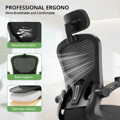 Ergonomic Desk Chair For Long Hours With High Back And Plush Lumbar Support, Flip Up Armrests, Rolling Swivel, shown with breathable mesh
