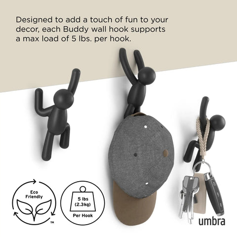 Buddy Wall Hooks Set of 3 Fun, Cool, Decorative Wall Mounted Coat Hooks for Hanging Coats, Scarves, Bags, Purses in Black