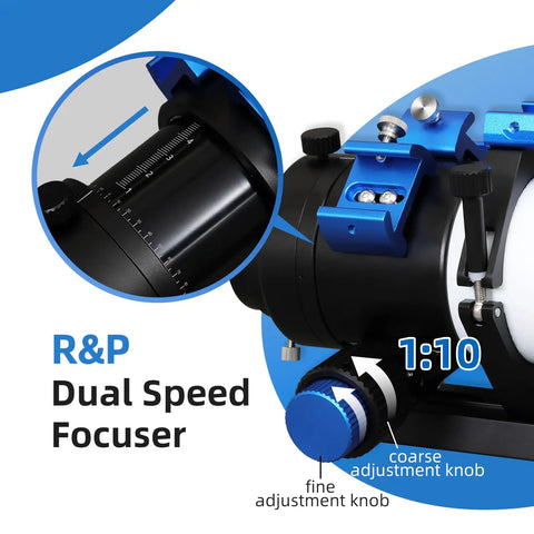 Close-up of R&P dual speed focuser on Flat Field 60mm Refractor Telescope With F6.8 ED Quadruplet APO