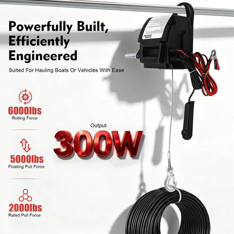 Heavy Duty 12V Electric Winch With 5000 Lift Capacity And 300W Copper Motor showing pull forces, wire, and dual control modes.