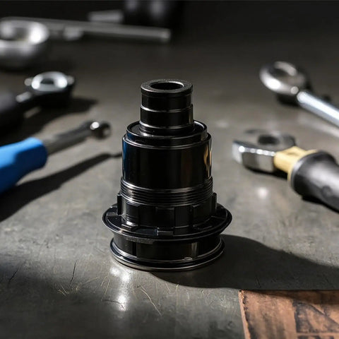 XD XDR Driver Hub Body Aluminum Alloy Replacement Part With Dust And Damp Protection For Road Gravel And Mountain Bikes Sealed Bearing Hub Driver Assembly For Rock Solid Shifting And Long Lasting Performance, black hub body on workbench