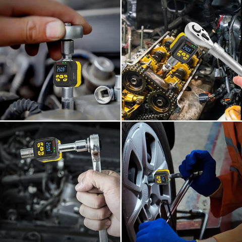 Pro Grade Digital Torque Adapter Set With 1/2 Inch Drive And 1/4 And 3/8 Socket Adapters, ISO 6789 Certified Plus/Minus 2 Percent Accuracy, 12 to 250 ft-lb/17 to 340 Nm, High Visibility Color Display With Audible Alerts And Overtightening Protection, used on engine and wheel lug nuts